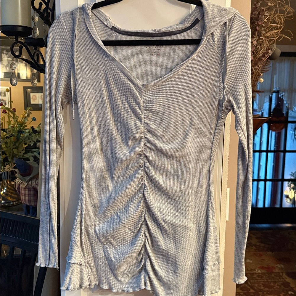 Calvin Klein Gray Ruched Long Sleeve Top with hood and ruffles! Juniors Medium